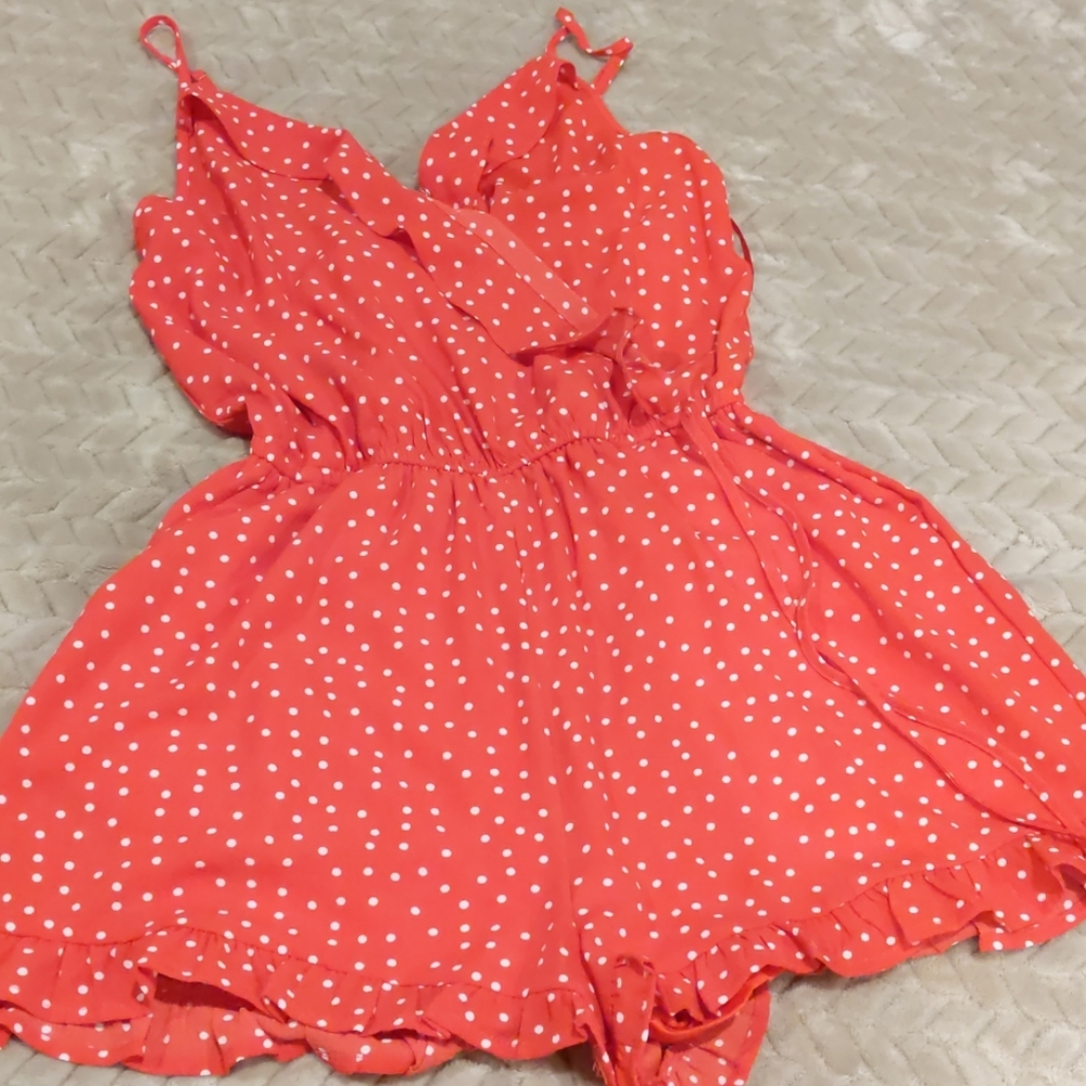 Red and white polka dot romper
